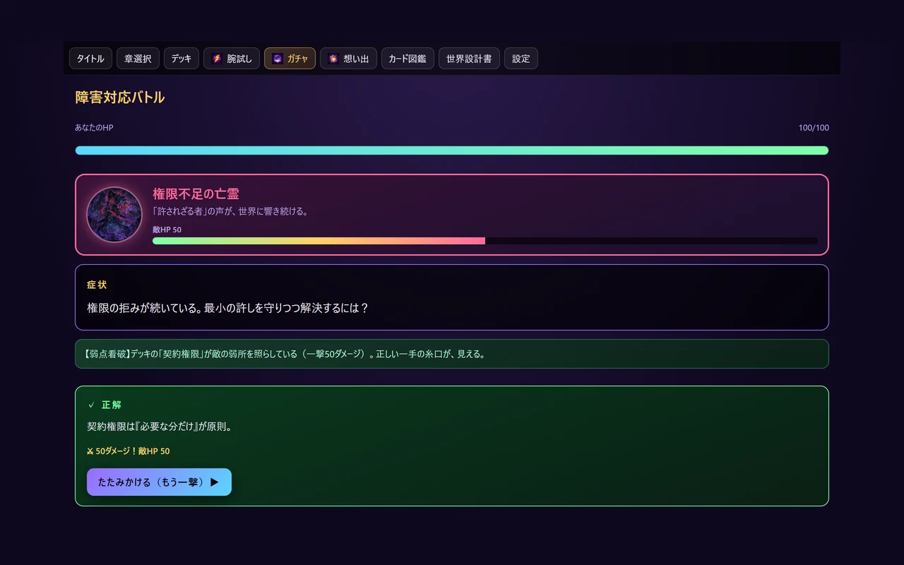 障害対応バトルの画面